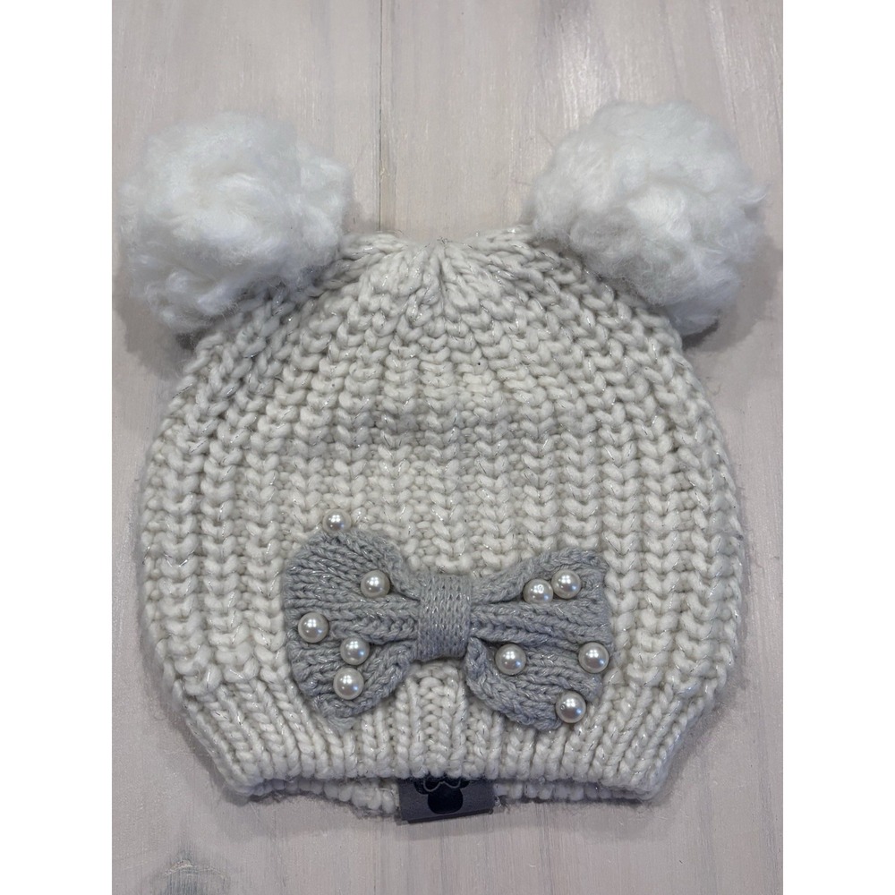 Disney Parks Adult Cream Knit Beanie Hat‎ Faux Fur Pom Poms Bow One Size